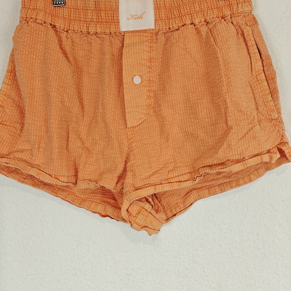 Kith Orange Seersucker Elastic Waist Shorts XS Logo Cotton Summer Streetwear - Picture 4 of 11